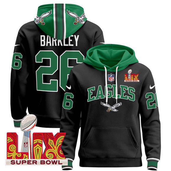 Men's Black Philadelphia Eagles #26 Saquon Barkley 2025 Super Bowl LIX Patch Pullover Stitched Hoodie